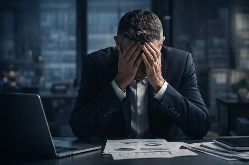 Stressed executive in a dimly lit office